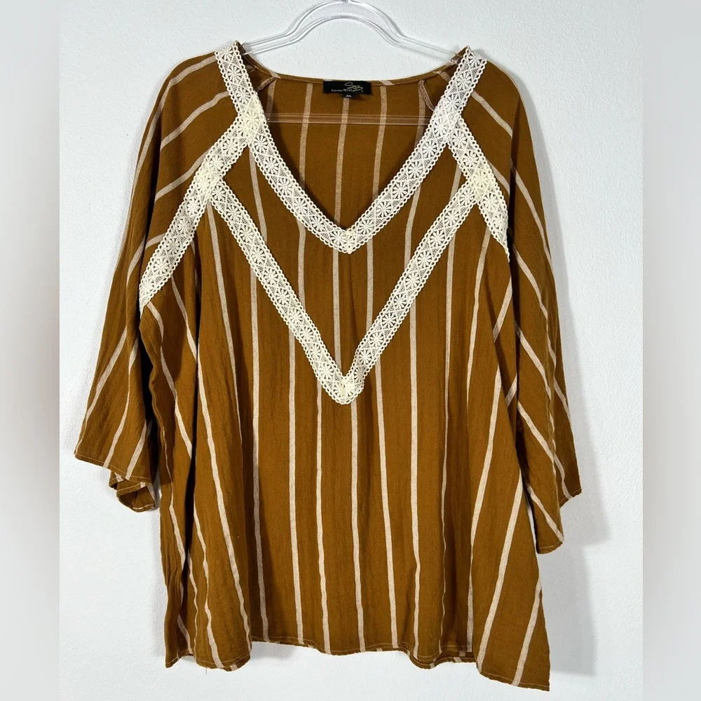 Suzanne Betro Short Sleeve V-Neck Lace Trimmed Blouse Mustard Brown 3X - Picture 1 of 7